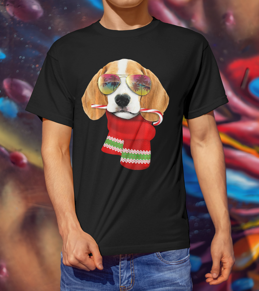 Christmas In July Beagle Sunglasses Candy Cane Scarf T-Shirt
