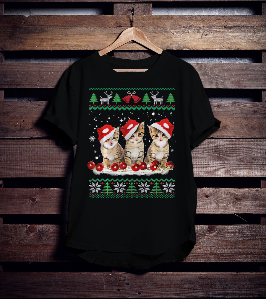 Ugly Christmas Cat Santa Hat Reindeer Bells Snowflakes Lights T-Shirt