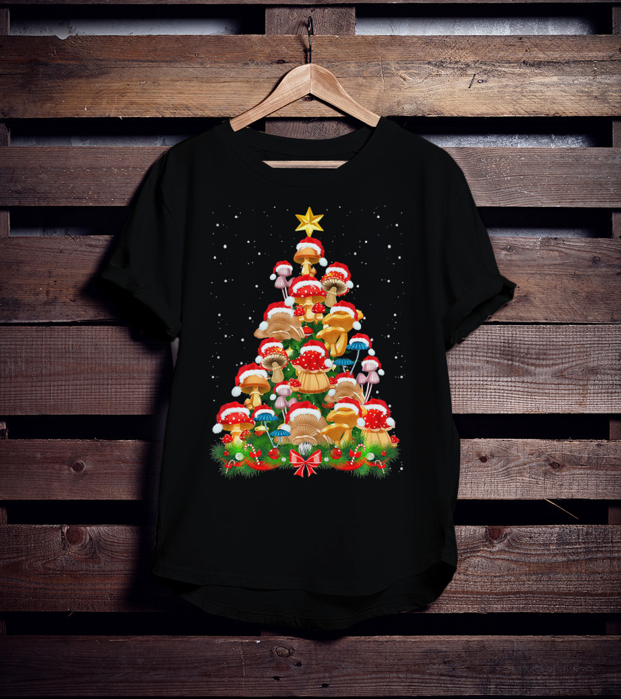 Mushroom Christmas Tree With Santa Hats And Snowflakes For Garden Lovers T-Shirt