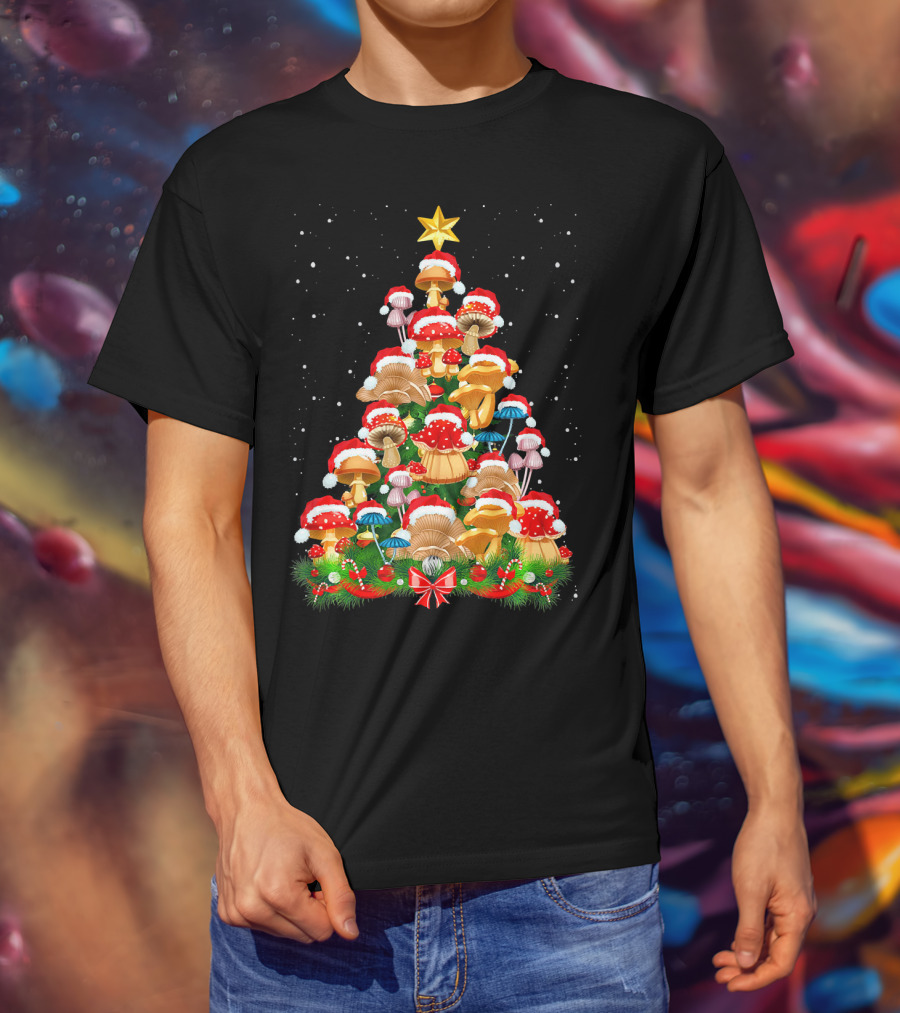 Mushroom Christmas Tree With Santa Hats And Snowflakes For Garden Lovers T-Shirt