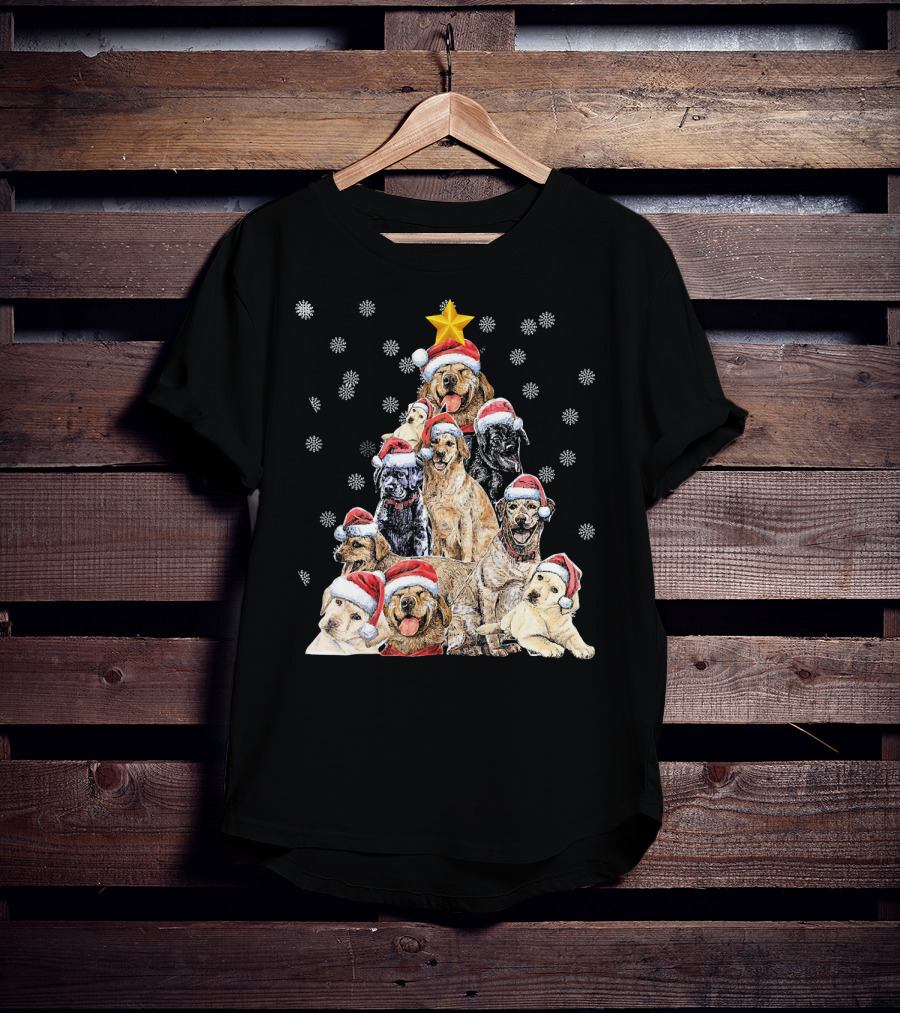 Labrador Puppies With Santa Hats Forming A Christmas Tree With Star And Snowflakes T-Shirt