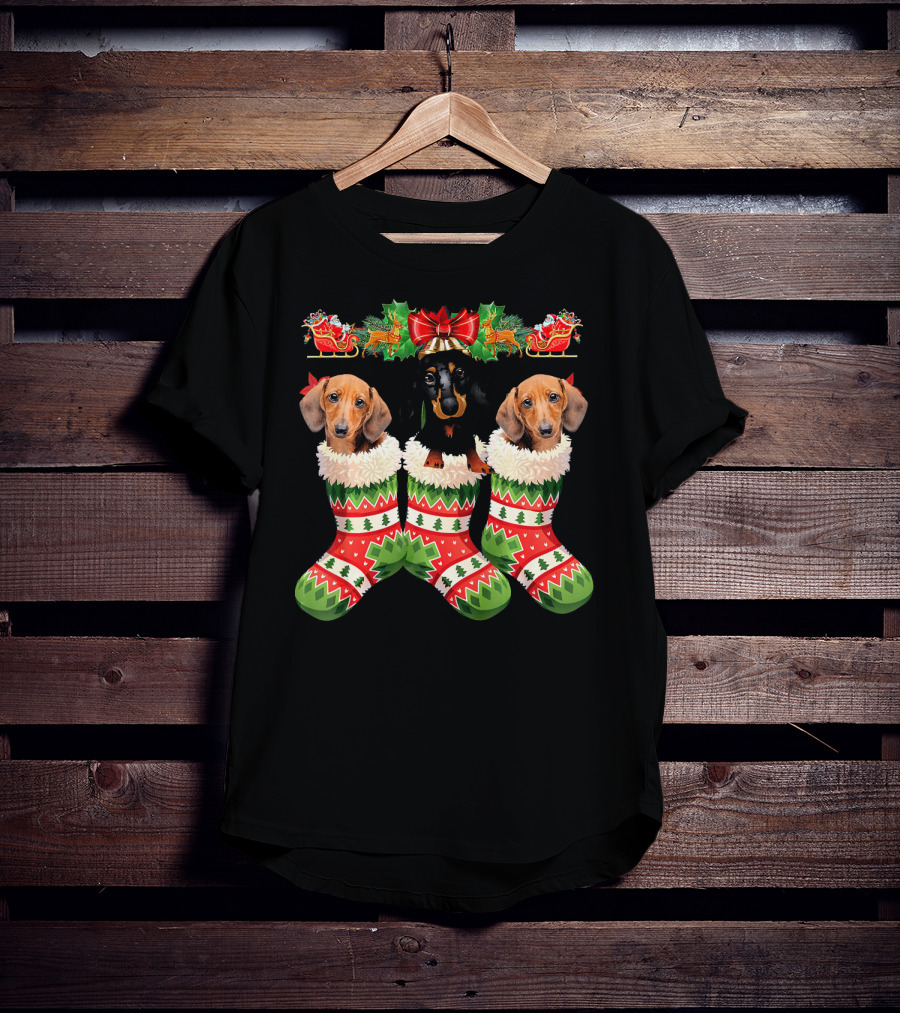 Dachshund Christmas Dogs In Festive Stockings T-Shirt