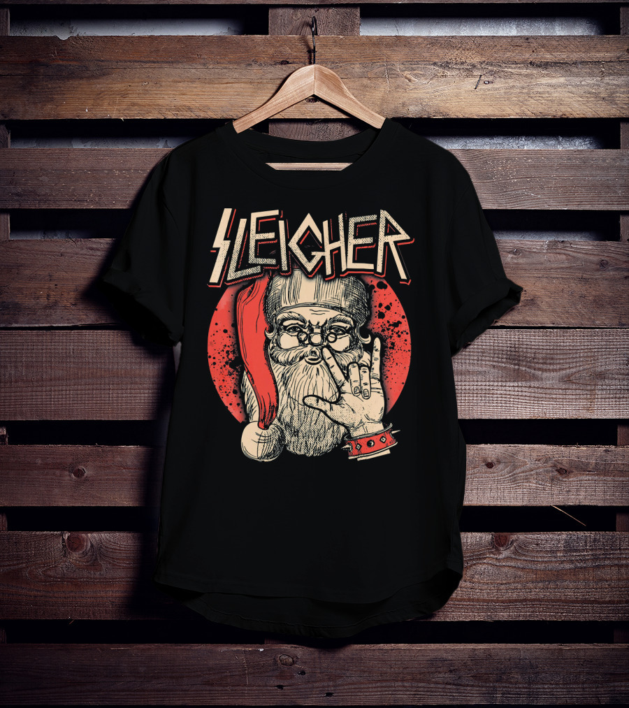 SLEIGHER Heavy Metal Music Santa Circle Red Santa Hat Hand Gesture T-Shirt