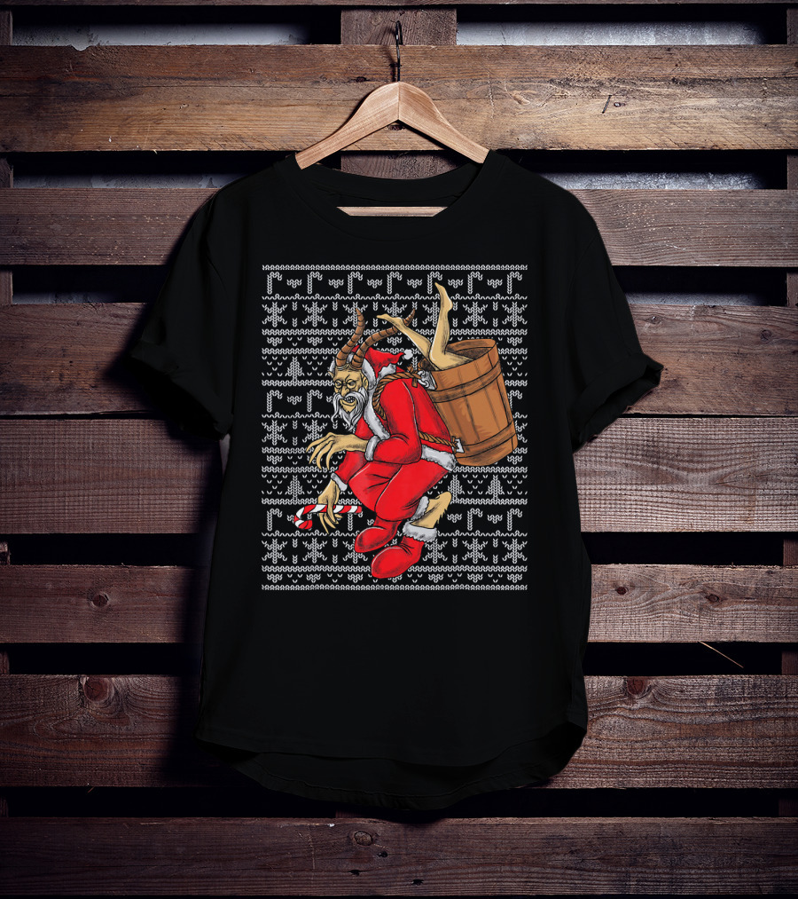 Krampus Ugly Christmas Sweater-Style Santa With Barrel And Candy Cane T-Shirt