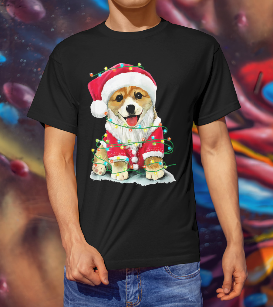 Festive Christmas Corgi Santa With Holiday Lights Corgmas San T-Shirt