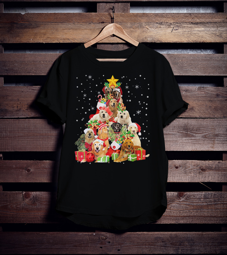 Golden Retriever Christmas Tree With Santa Hats And Presents T-Shirt