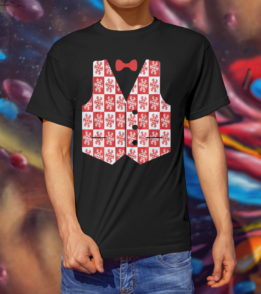 Red And White Snowflake Vest With Bow Tie T-Shirt