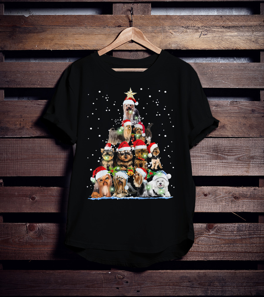 Yorkie Christmas Tree Santa Hats Dogs Snowflakes T-Shirt