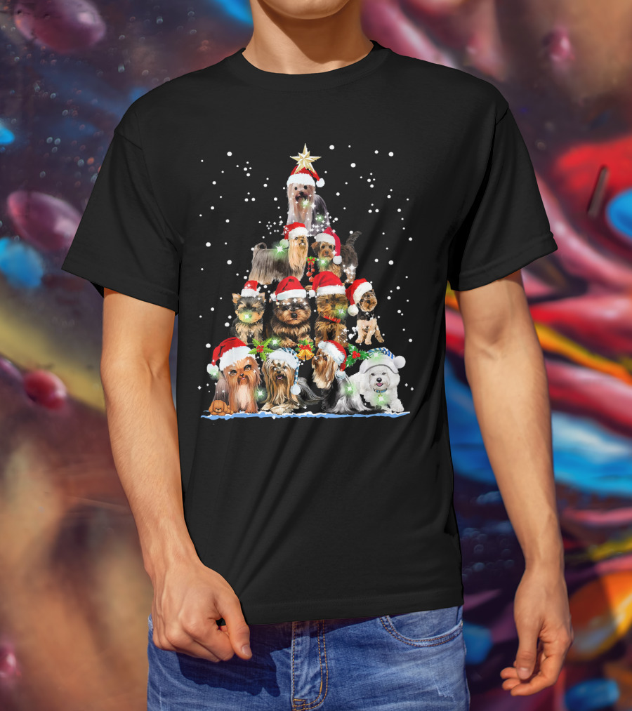 Yorkie Christmas Tree Santa Hats Dogs Snowflakes T-Shirt