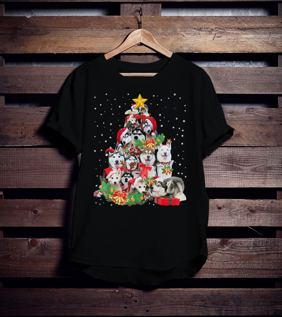 Siberian Husky Christmas Tree Festive Holiday Dogs With Gifts And Star T-Shirt