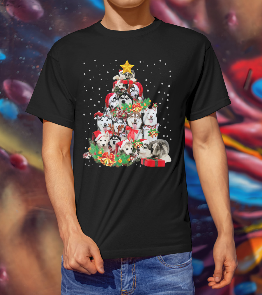 Siberian Husky Christmas Tree Festive Holiday Dogs With Gifts And Star T-Shirt