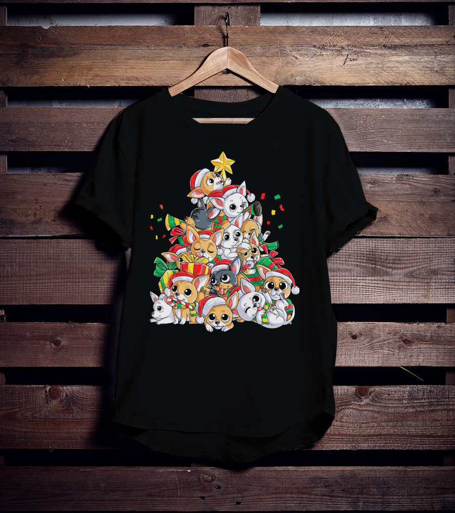 Chihuahua Christmas Tree Festive Dogs With Santa Hats And Presents T-Shirt