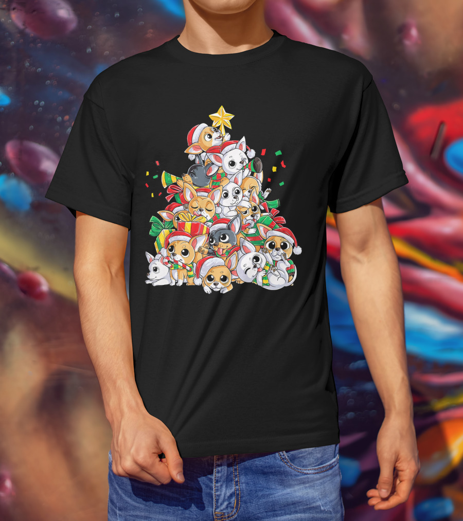 Chihuahua Christmas Tree Festive Dogs With Santa Hats And Presents T-Shirt