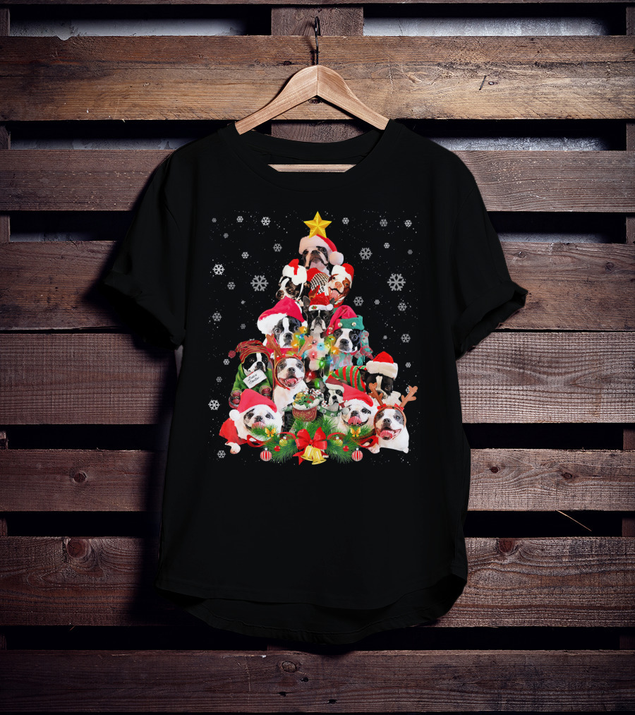 Boston Terriers Christmas Tree Snowflakes And Santa Hats T-Shirt