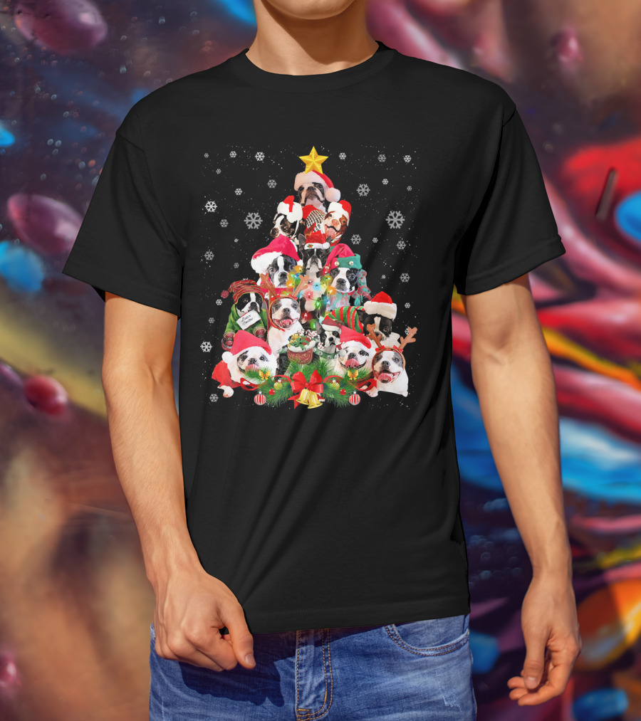 Boston Terriers Christmas Tree Snowflakes And Santa Hats T-Shirt