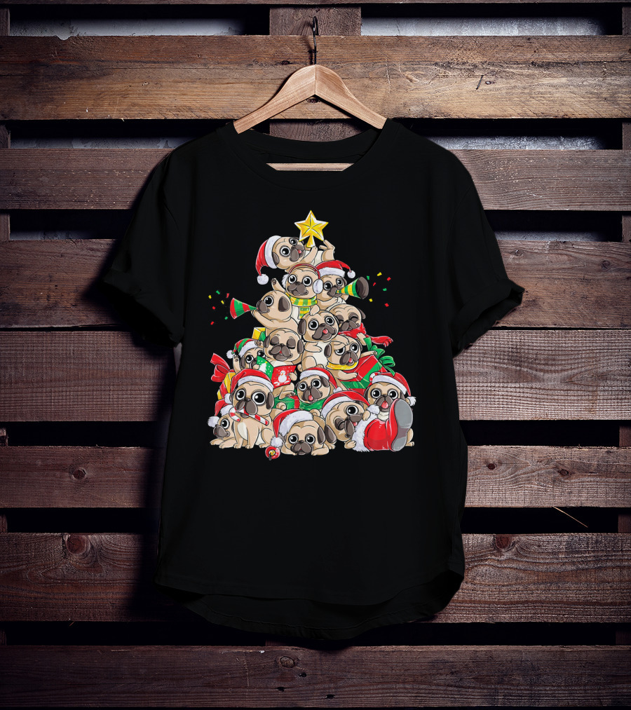 Merry Pugmas Christmas Tree With Pugs In Santa Hats T-Shirt
