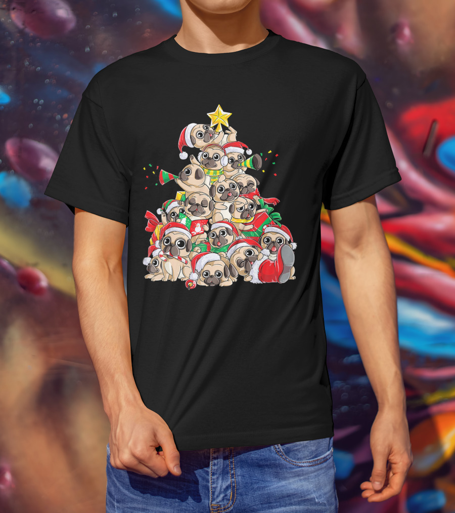 Merry Pugmas Christmas Tree With Pugs In Santa Hats T-Shirt