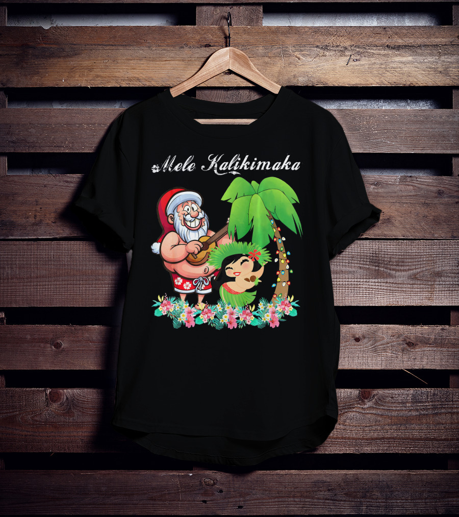 Mele Kalikimaka Christmas Santa Hawaii With Hula Dancer And Palm Tree T-Shirt