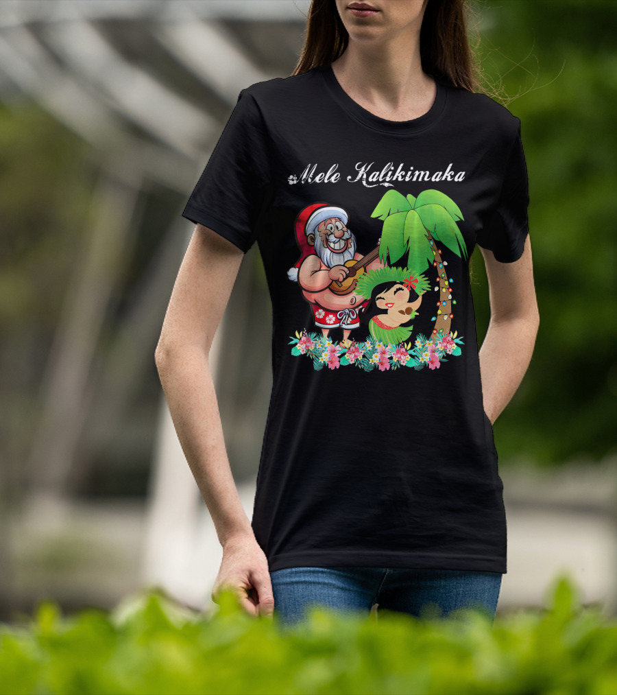 Mele Kalikimaka Christmas Santa Hawaii With Hula Dancer And Palm Tree T-Shirt