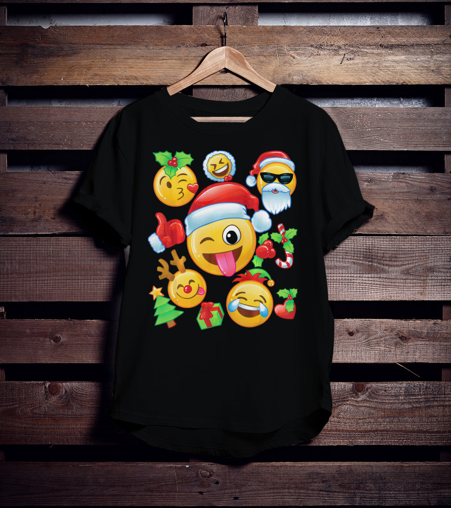 Santa Emoji Christmas Fun With Reindeer Candy Cane Gifts And Holly T-Shirt