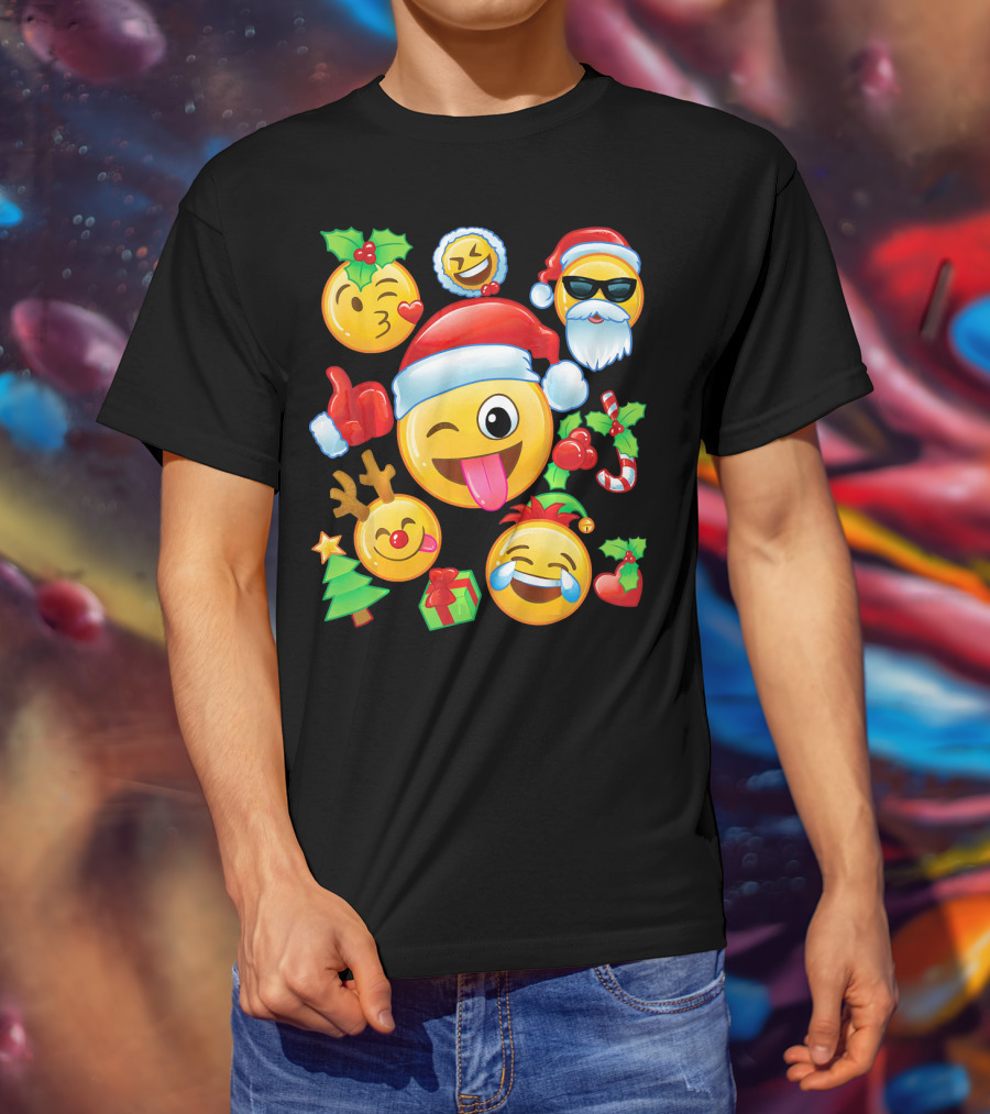 Santa Emoji Christmas Fun With Reindeer Candy Cane Gifts And Holly T-Shirt