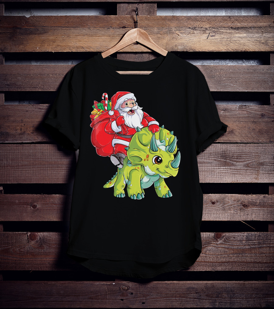 Santa Riding Triceratops Dinosaur Christmas Boys Santa Tric T-Shirt