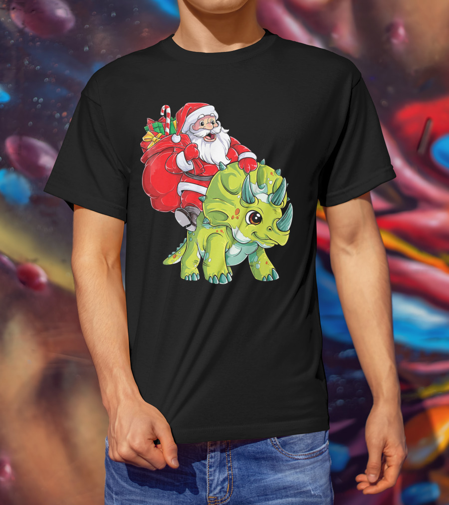 Santa Riding Triceratops Dinosaur Christmas Boys Santa Tric T-Shirt