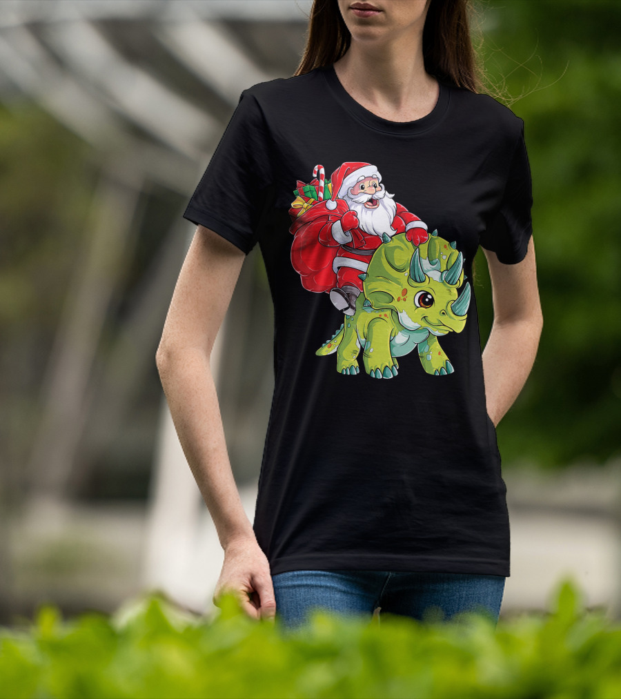 Santa Riding Triceratops Dinosaur Christmas Boys Santa Tric T-Shirt