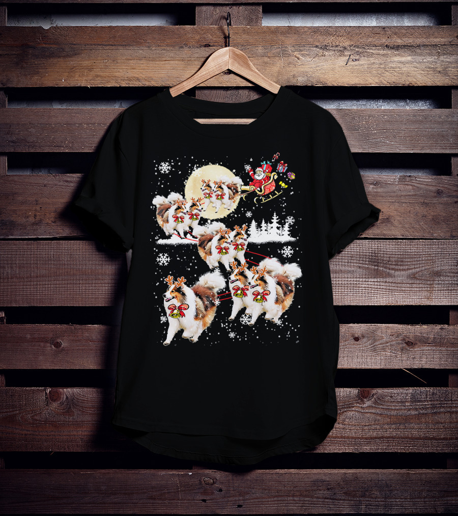 Sheltie Reindeer Christmas Nice Dog Santa Sleigh Moon Snowflakes T-Shirt