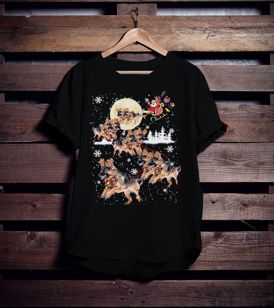 Santa Sleigh German Shepherd Reindeer Christmas Snowflakes Moon T-Shirt