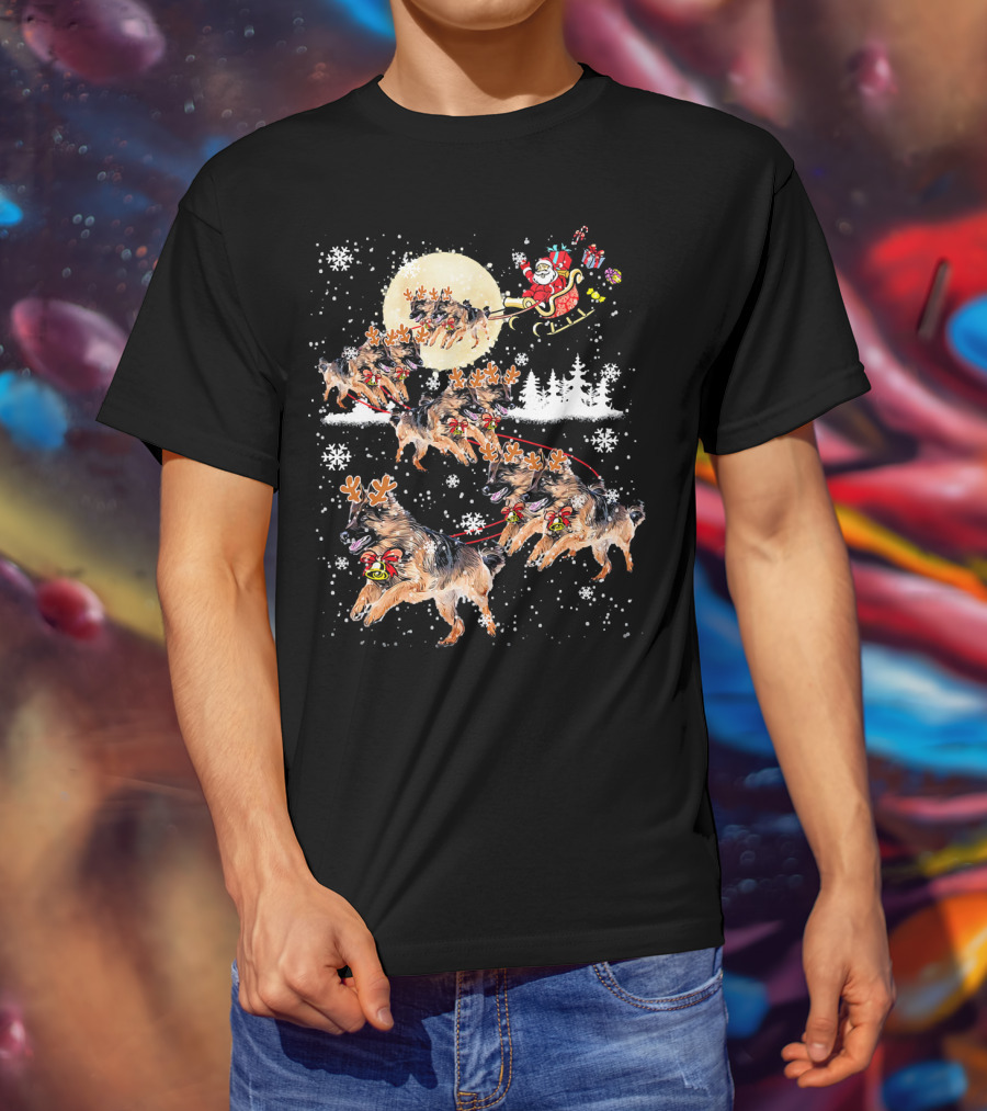 Santa Sleigh German Shepherd Reindeer Christmas Snowflakes Moon T-Shirt