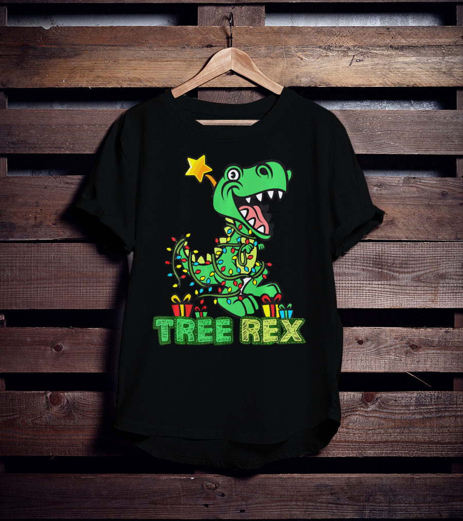 Tree Rex Dinosaur Wrapped In Christmas Lights With Presents And Star T-Shirt