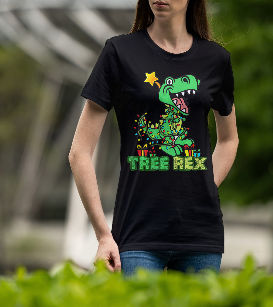 Tree Rex Dinosaur Wrapped In Christmas Lights With Presents And Star T-Shirt
