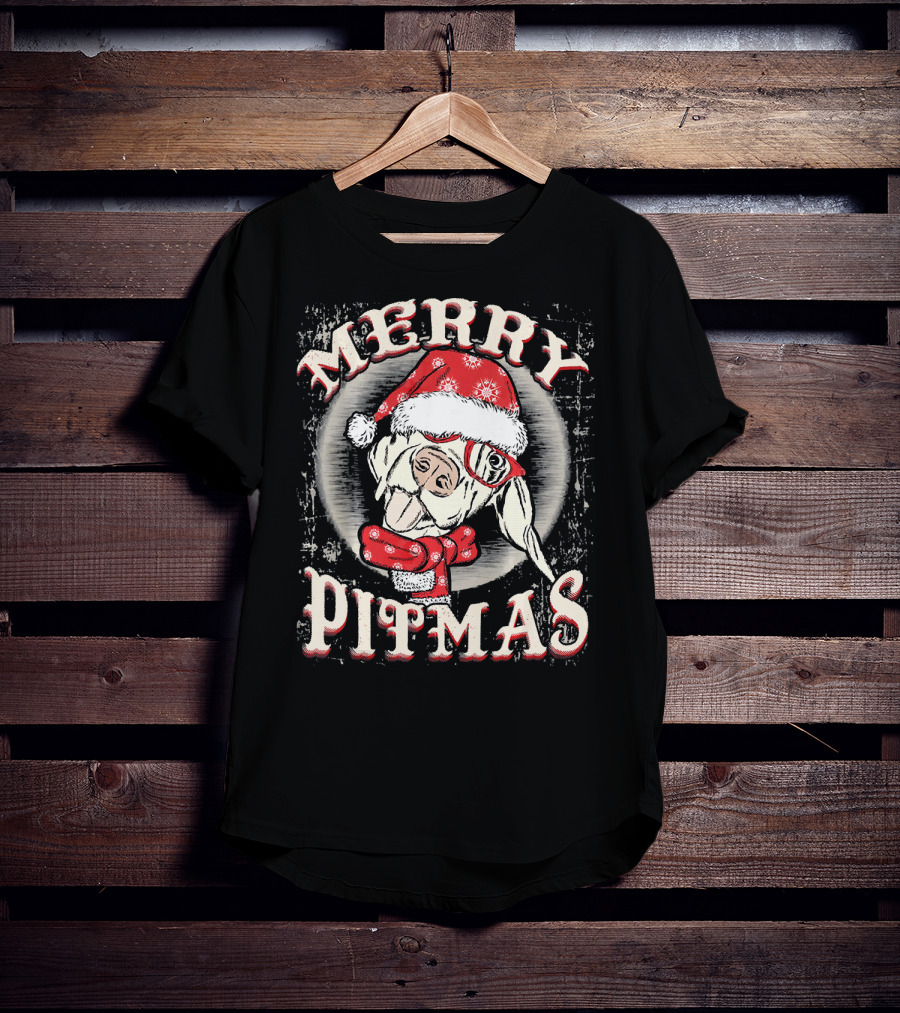 Merry Pitmas Santa Hat Festive Dog T-Shirt