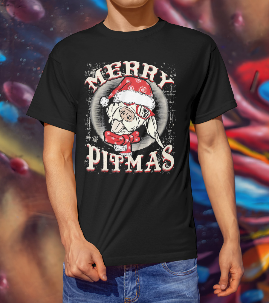 Merry Pitmas Santa Hat Festive Dog T-Shirt