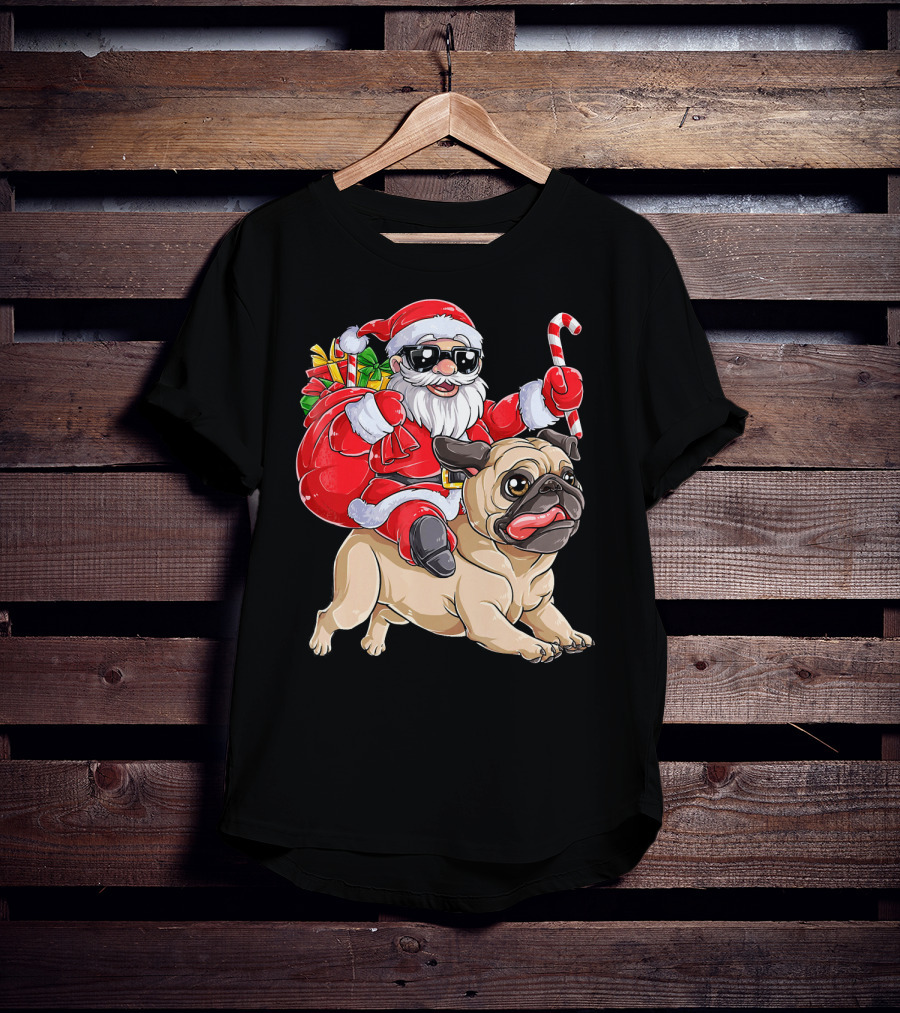 Santa Claus Riding Pug With Candy Cane And Gifts T-Shirt
