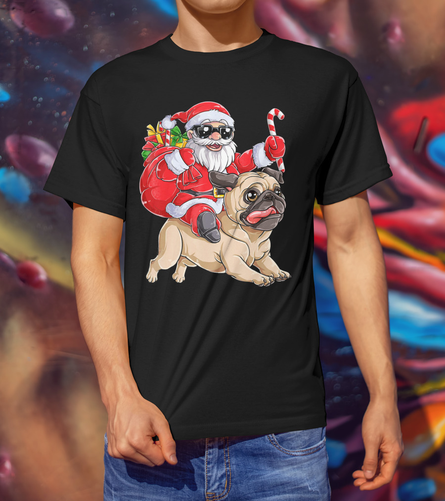 Santa Claus Riding Pug With Candy Cane And Gifts T-Shirt