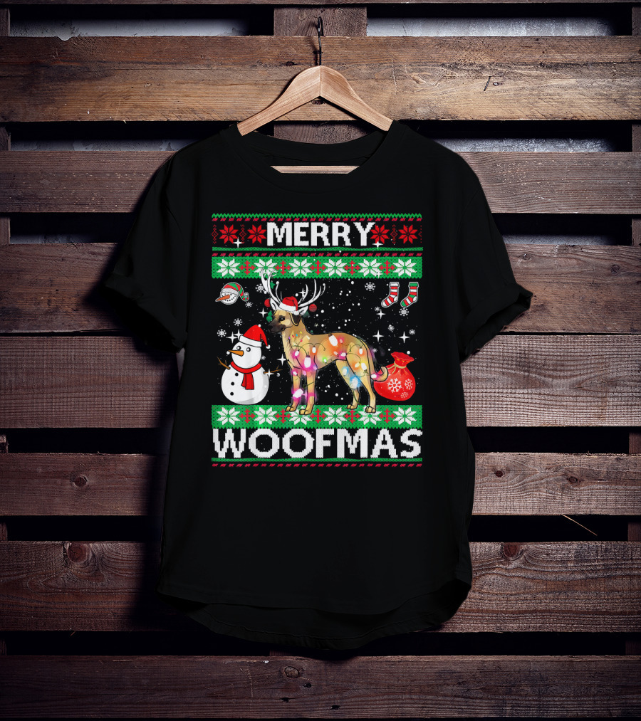 Merry Woofmas Anatolian Shepherd Reindeer Lights Holiday Sweater Snowman Stockings T-Shirt