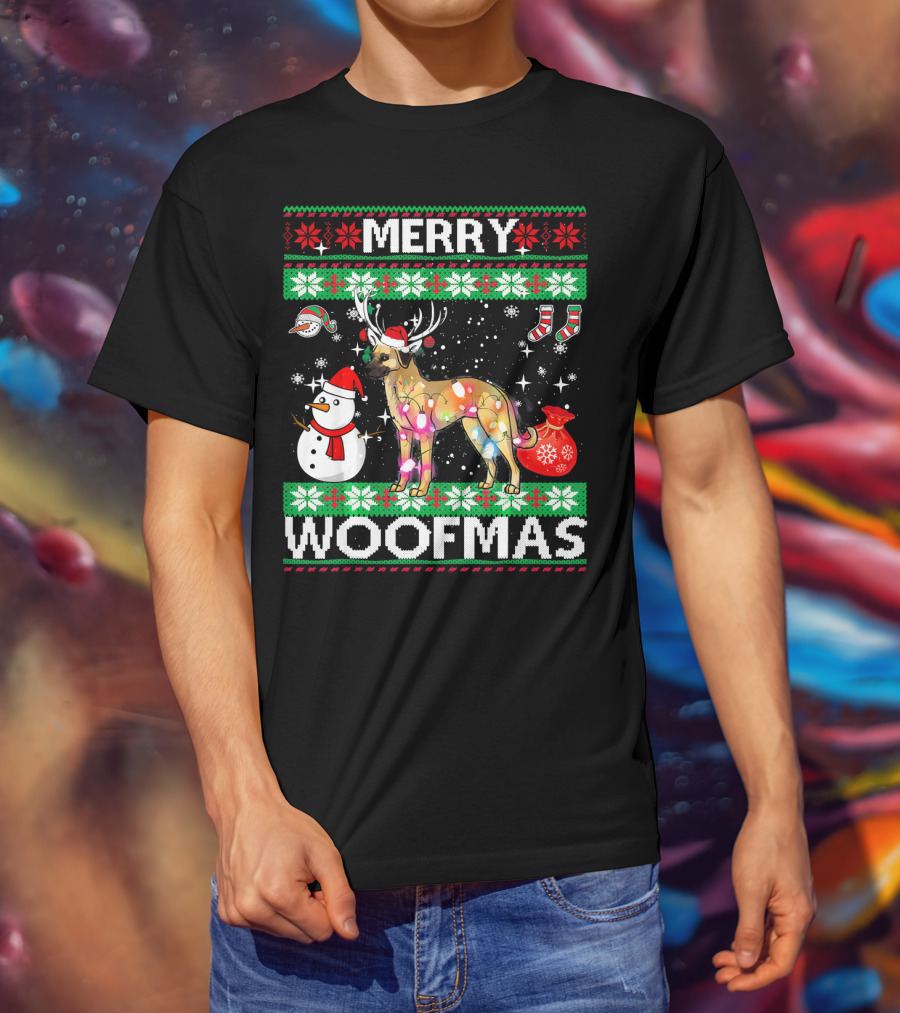 Merry Woofmas Anatolian Shepherd Reindeer Lights Holiday Sweater Snowman Stockings T-Shirt