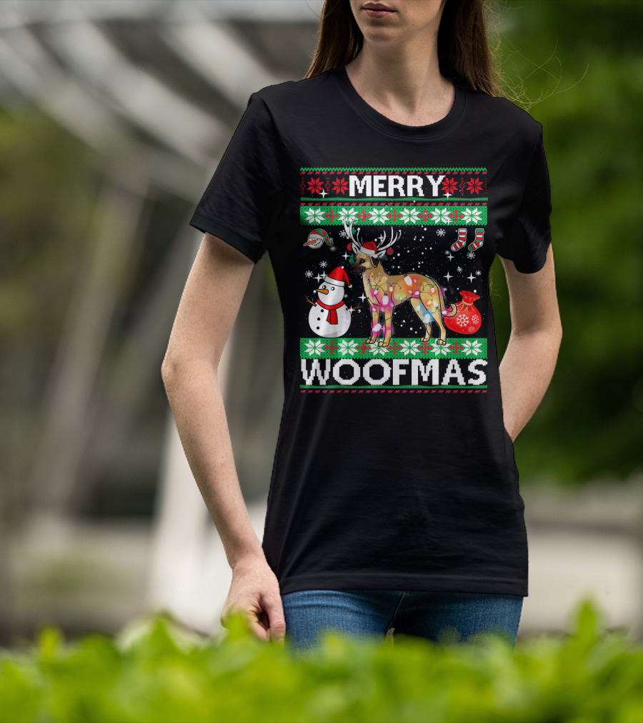 Merry Woofmas Anatolian Shepherd Reindeer Lights Holiday Sweater Snowman Stockings T-Shirt