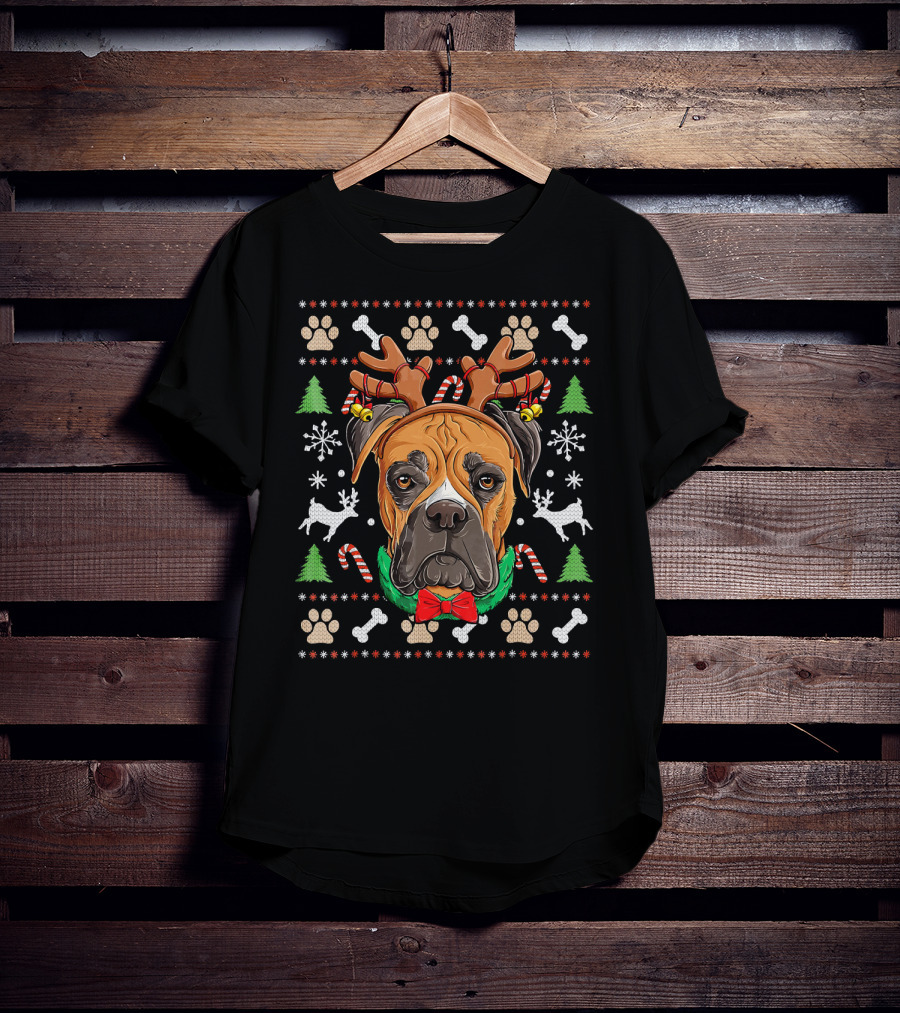 Boxer Ugly Christmas Reindeer Antlers Candy Canes Snowflakes Green Trees T-Shirt