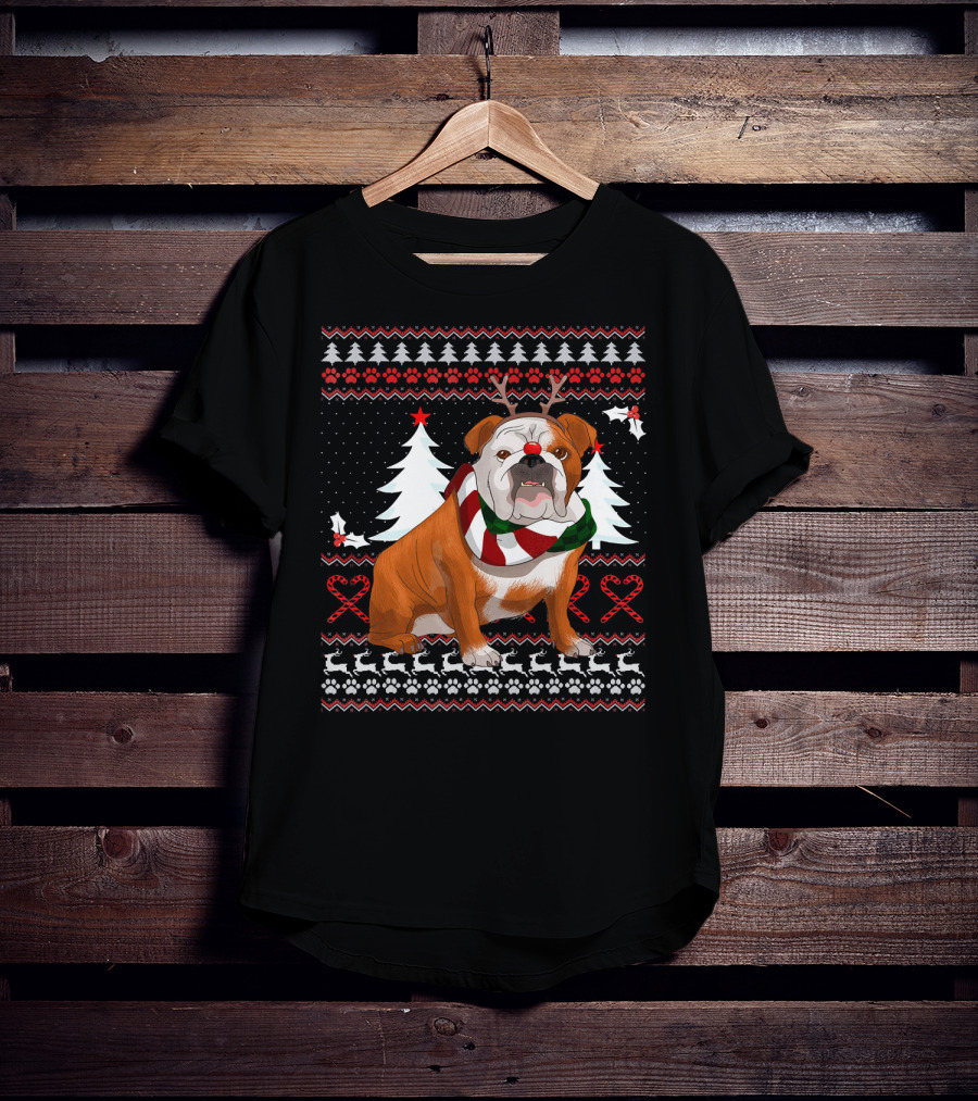 English Bulldog Festive Christmas Sweater With Reindeer Antlers T-Shirt