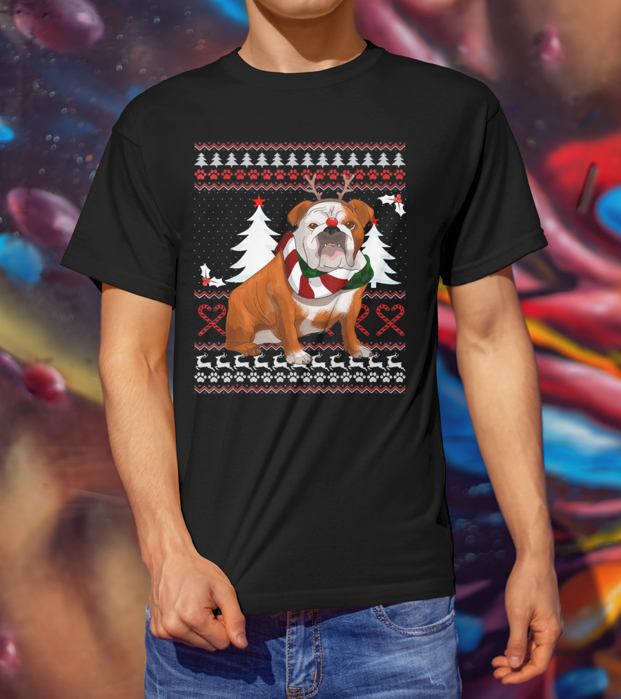 English Bulldog Festive Christmas Sweater With Reindeer Antlers T-Shirt