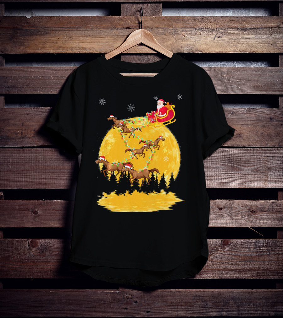 Santa Claus On Sleigh With Horses And Christmas Moon T-Shirt