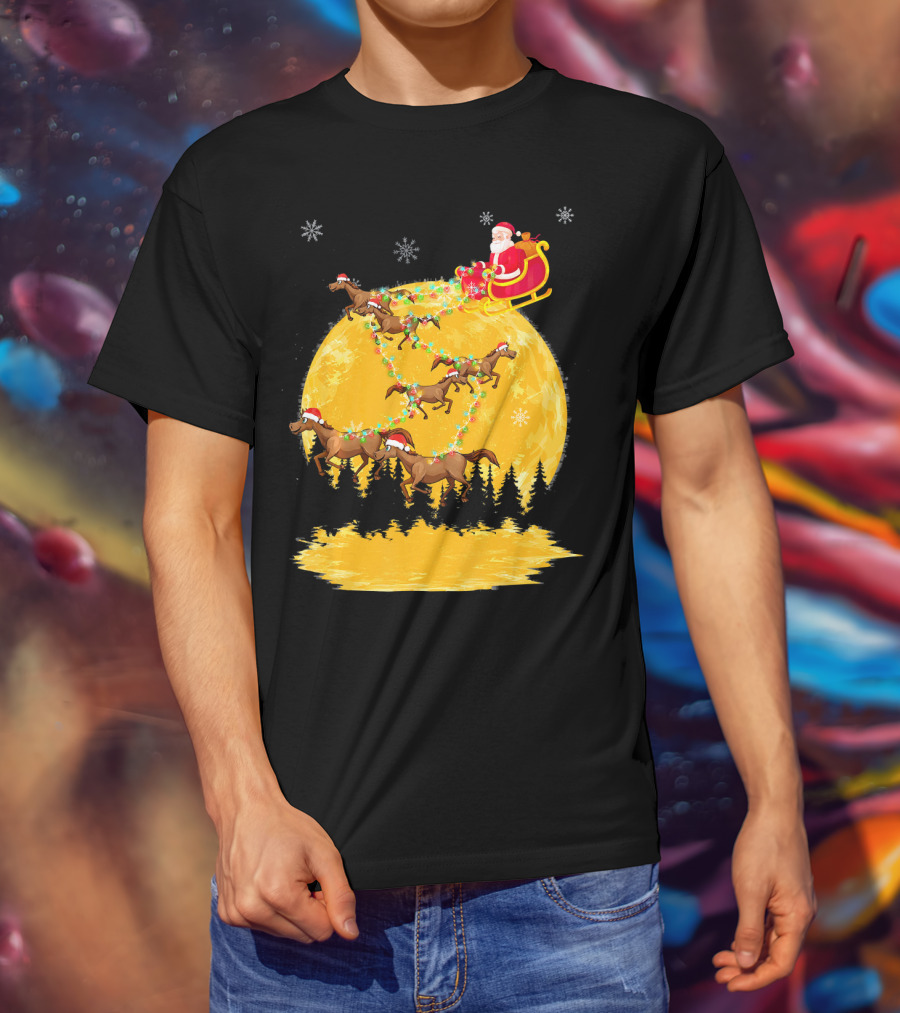 Santa Claus On Sleigh With Horses And Christmas Moon T-Shirt