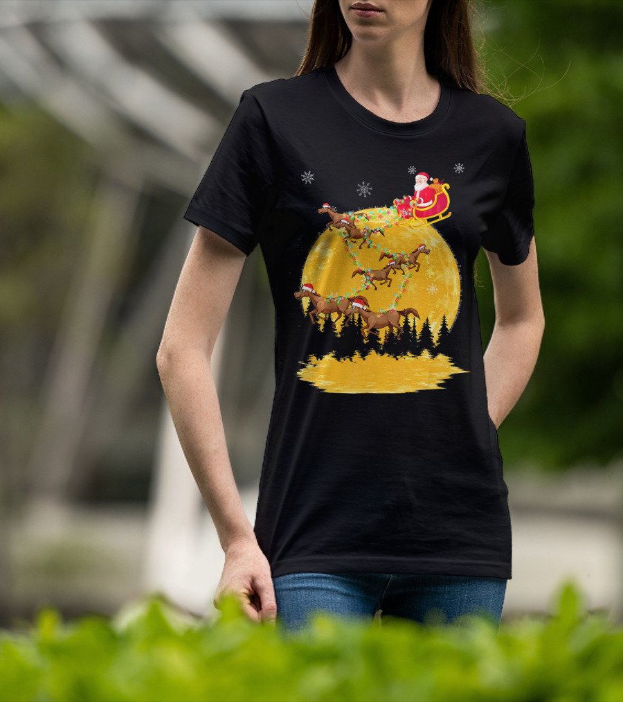 Santa Claus On Sleigh With Horses And Christmas Moon T-Shirt
