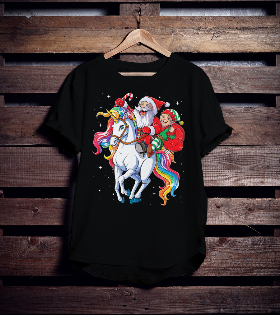 Santa And Elf Riding Rainbow Unicorn Christmas Magic T-Shirt