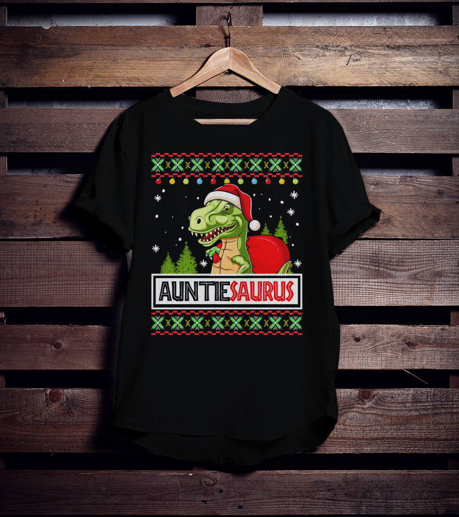 Auntiesaurus Funny Auntie Dinosaur Christmas Sweater T-Rex Santa Hat T-Shirt