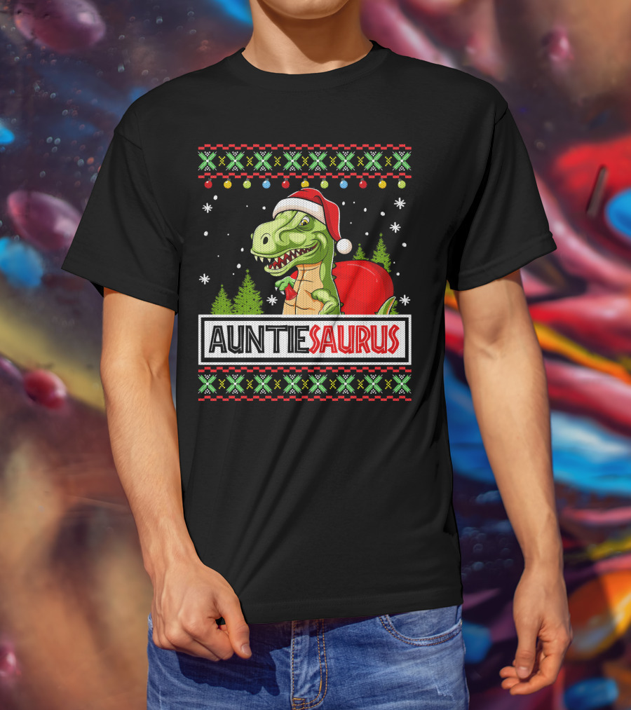 Auntiesaurus Funny Auntie Dinosaur Christmas Sweater T-Rex Santa Hat T-Shirt