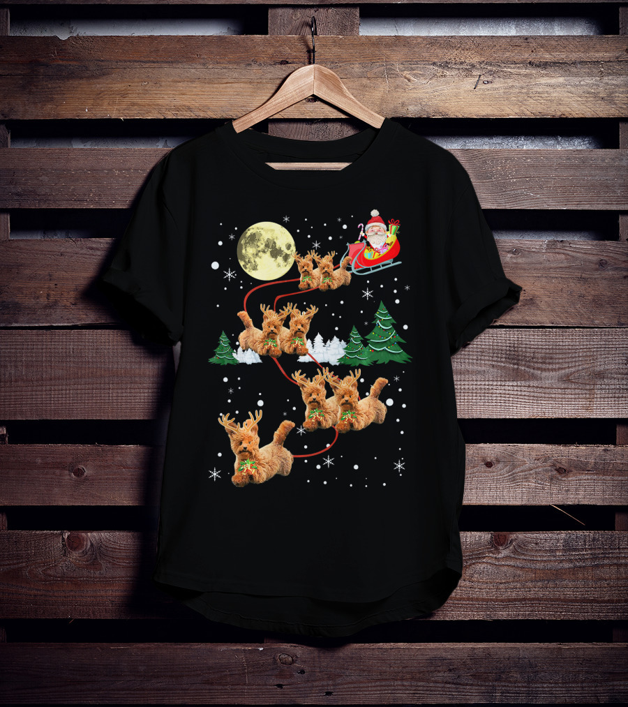 Funny Reindeer Dogs With Santa Sleigh Under Full Moon T-Shirt